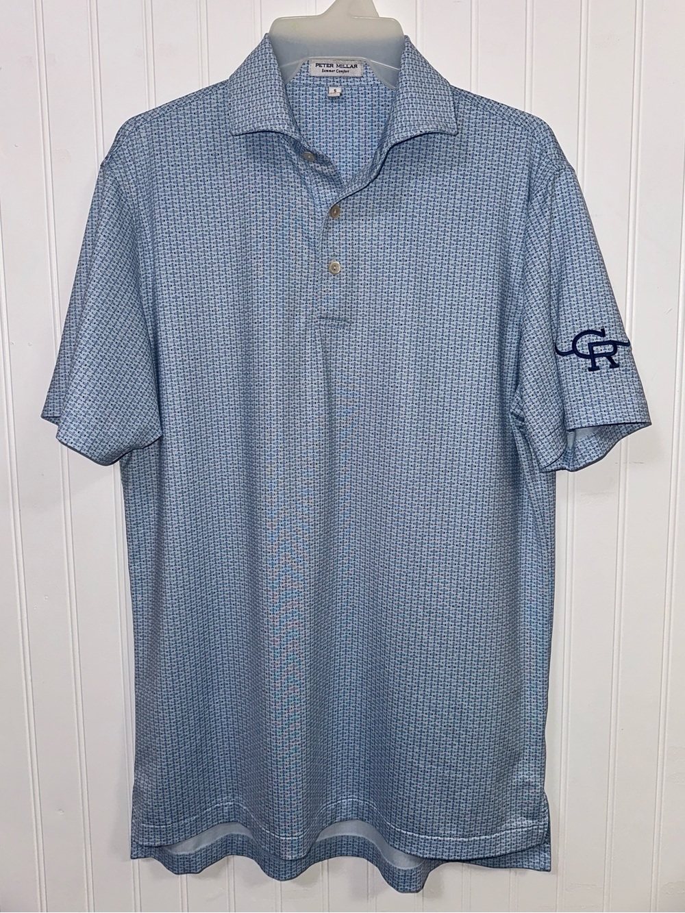 Peter Millar Summer Comfort Shirt Mens Small Blue Plane All Over Print Golf Polo